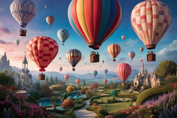 Obraz premium Vibrant Hot Air Balloons in a Magical Fantasy Landscape