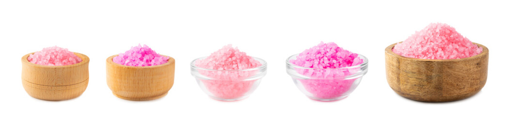 Sea salt for bath with rose aroma isolated on white background. Pink sea salt. Spa treatments. Natural salt with herbs and essential oils. skincare concept.