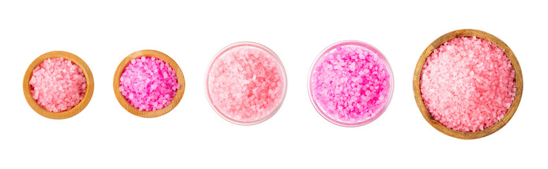 Sea salt for bath with rose aroma isolated on white background. Pink sea salt. Spa treatments. Natural salt with herbs and essential oils. skincare concept.