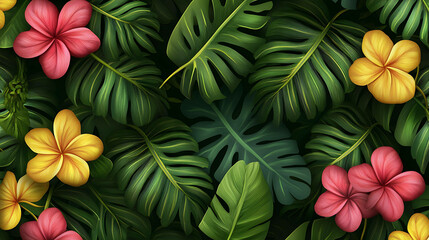 Fototapeta premium A vibrant illustration of tropical flowers and lush green leaves.