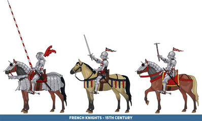 Naklejka premium Set of Three Late Medieval Knights on Horseback in Full Plate Armour and with Various Weapons, Illustration Isolated on Transparent Background, Historical, EPS 10 Vector