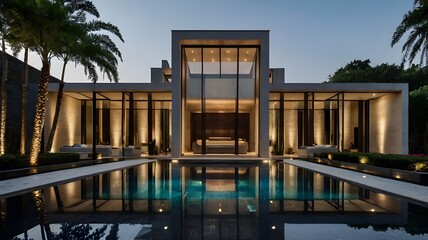 Fototapeta premium Modern luxurious mansion with a large infinity swimming pool, highlighting a rich and extravagant villa design