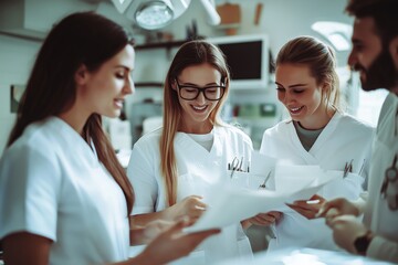 Medical team of dentists discussing patient practice and examination list in dental office
