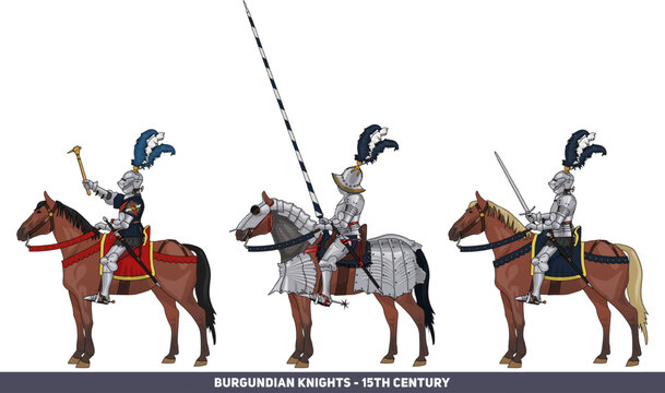 Set of Three Late Medieval Knights on Horseback in Full Plate Armour and with Various Weapons, Illustration Isolated on Transparent Background, Historical, EPS 10 Vector