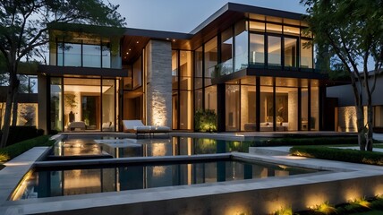 Fototapeta premium Modern luxurious mansion with a large infinity swimming pool, showcasing a rich and extravagant villa design