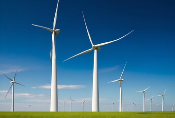 Fototapeta premium Wind farm or wind park, with high wind turbines for generation electricity. Green energy concept