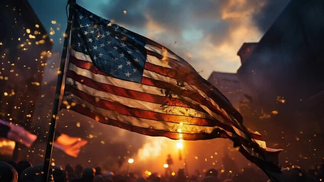 American flag flying amidst flames and smoke with crowd protestors
