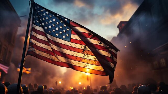 American flag waving amidst a fiery protest scene with smoke and glowing lights