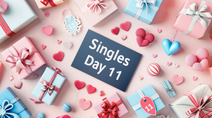 Singles Day celebration with gifts, hearts, decorations, festive atmosphere, Singles Day concept