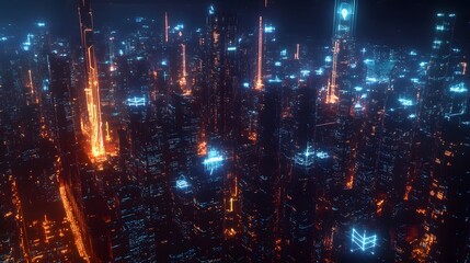 Naklejka premium Modern city with wireless network connection and city scape concept.Wireless network and Connection technology concept with city background at night. 