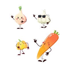 Cool vegetable funny characters. Singing carrot and pepper, funny onion and garlic. Vector illustration for printing and use in the design of various elements and objects.
