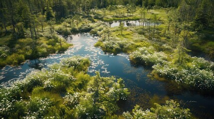 Aerial View of a Lush Forest with Intertwined Lakes