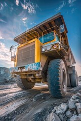 A large yellow dump truck is parked on a dirt field, ready for action