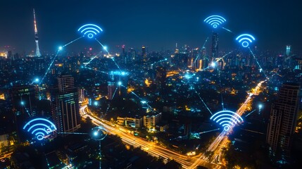 Fototapeta premium Modern city with wireless network connection and city scape concept.Wireless network and Connection technology concept with city background at night. 