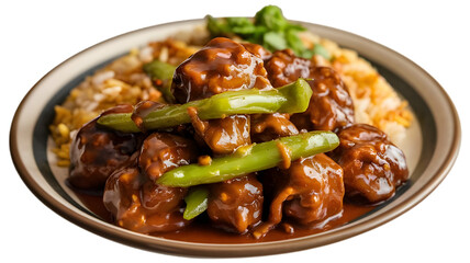 A photo of a delicious Gobi Manchurian appetizer on a plate. The plate is isolated on a white background