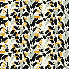 Modern printed fabric wildflower blockprint pattern with linen fabric textures. Stylized hand drawn boho dark florals for decorative design elements in repeatable background tile.