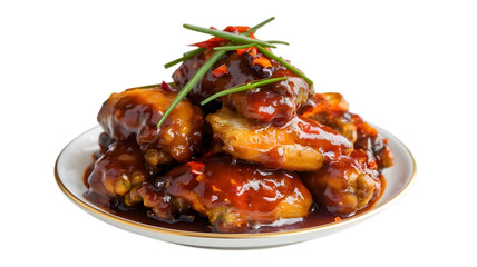 A photo of a delicious Gobi Manchurian appetizer on a plate. The plate is isolated on a white background