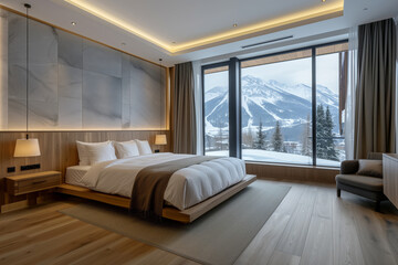 Obraz premium Modern minimalist luxury hotel room overlooking the mountains