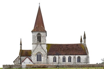 Fototapeta premium A church with a tall steeple and a fence surrounding the area, perfect for use as a backdrop or scenery