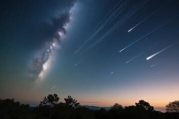 Galactic Canopy of Shooting Stars Space Dust and Comet Trails in a Stunning Twilight Sky