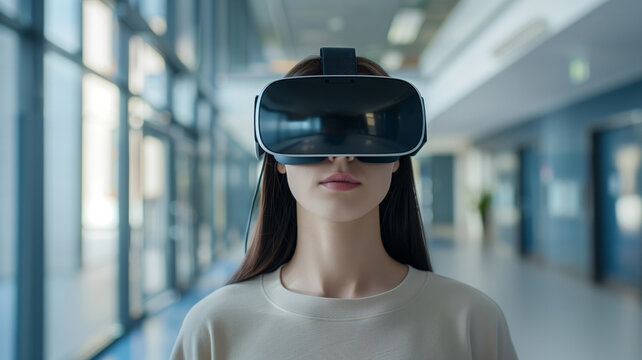 Close-up of a girl wearing a VR virtual reality headset at school