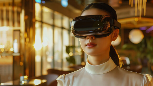 Close-up of a woman vearing a VR Virtual Reality headset with a modern restaurant in the background - Powered by Adobe