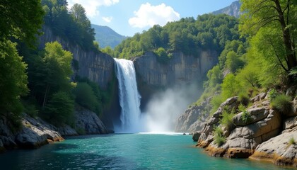 Naklejka premium Epic Waterfall in a Mountainous Forest