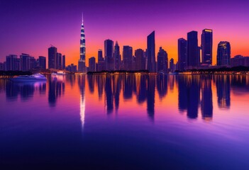 Fototapeta premium vibrant city skyline dusk glowing lights reflecting water illuminating night sky, architecture, buildings, cityscape, downtown, evening, horizon