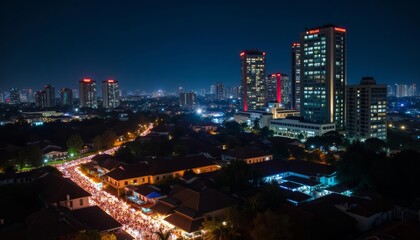 Fototapeta premium Vibrant cityscape at night illuminated by bright lights and bustling activity