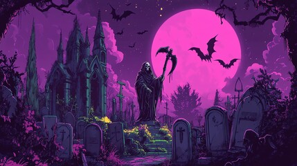 Spooktacular Halloween night scene with haunted castle, bats flitting around in the moonlit sky, and spooky silhouette of tree and house