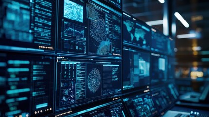 Naklejka premium A digital representation of AI algorithms actively defending a system against hackers, with dynamic firewalls and security protocols displayed on multiple screens, showcasing advanced cybersecurity