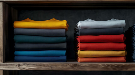 Two stacks of folded t-shirts on a wooden shelf in a closet.