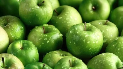 A close-up view of fresh green apples, glistening with water droplets, showcasing their vibrant color and appealing texture.