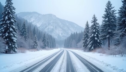  Wintry road through a snowy forest