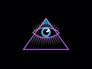 A neon glowing all-seeing eye and pyramid isolated against a black background.
