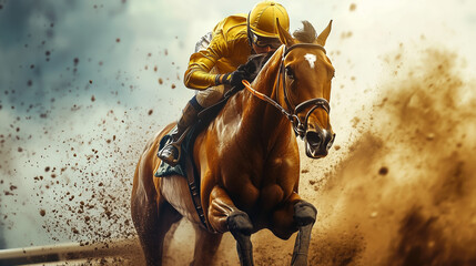 Fototapeta premium A jockey in a yellow outfit rides a powerful horse, speeding through a race track and kicking up clouds of dust. The motion blur background adds dynamic intensity