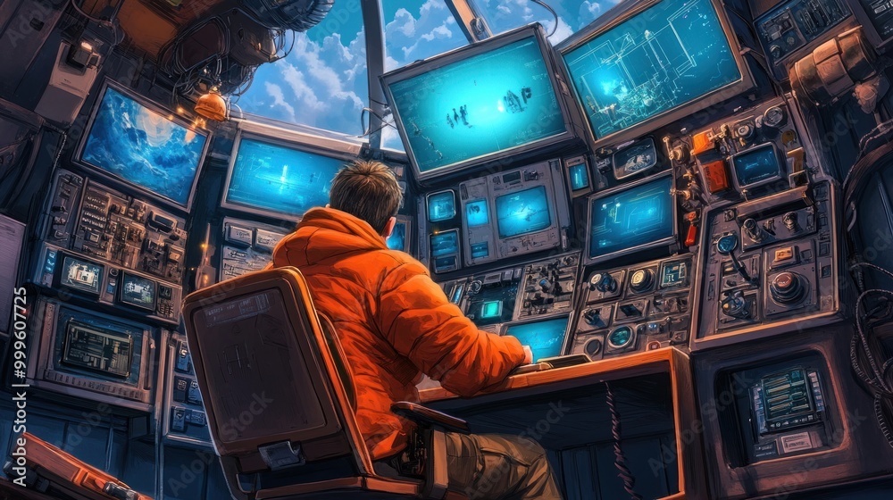 Poster Mission Control Hub, Operator in Orange Jacket, Multiscreen Monitoring, High-tech Command Center, Coordinating Satellite Operations