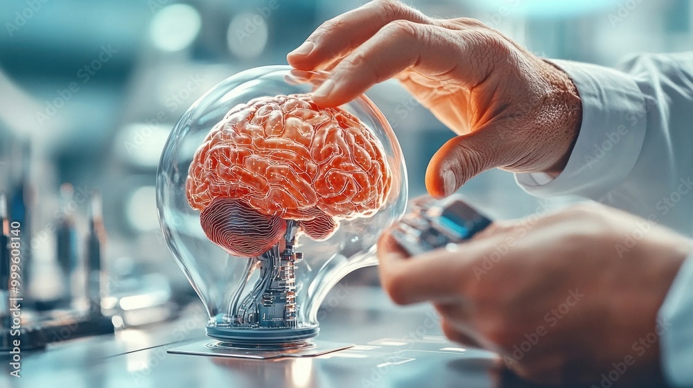 Aufkleber Artificial Intel Evolution Lab, hands interact with futuristic brain model, innovation in neuroscience research.