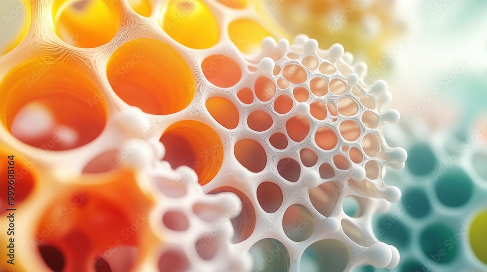 Poster Colorful abstract porous structures bright pastel 3D rendering close-up organic forms intricate patterns playful art