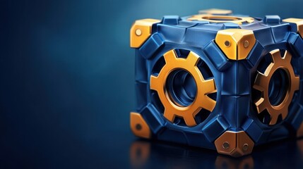 Obraz premium Gear Cube, futuristic blue and orange mechanical design, reflecting techno-aesthetic innovation.