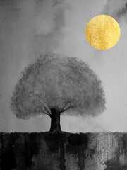 watercolor minimal oriental ink wash painting abstract landscape tree in the field and round gold. traditional japan asian sumi-e art style.