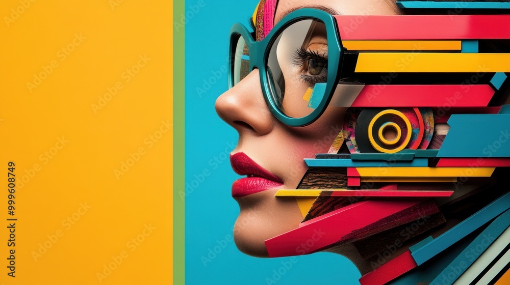 Poster colorful layered geometric portrait vibrant eyewear dynamic background profile view modern abstract 