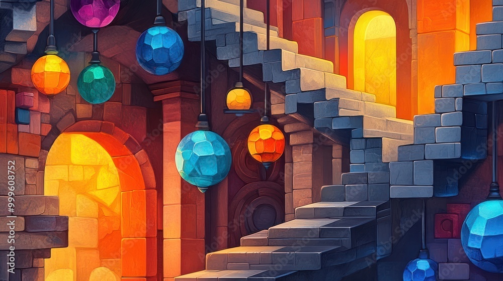 Poster stairway illuminated by colorful hanging globes vibrant mosaic walls glowing arches abstract labyrin