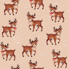 Seamless Christmas pattern featuring Rudolph reindeer, Santa Claus, Christmas tree, festive gifts, watercolor holiday design, perfect for Christmas wrapping paper, home decor, fabric, and textiles