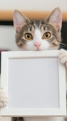 Playful Cat with a Smile Holding a Modern White Frame, a cheerful feline exuding charm while showcasing a sleek contemporary design element in its paws