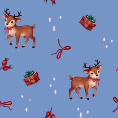Seamless Christmas pattern featuring Rudolph reindeer, Santa Claus, Christmas tree, festive gifts, watercolor holiday design, perfect for Christmas wrapping paper, home decor, fabric, and textiles