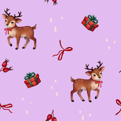 Seamless Christmas pattern featuring Rudolph reindeer, Santa Claus, Christmas tree, festive gifts, watercolor holiday design, perfect for Christmas wrapping paper, home decor, fabric, and textiles