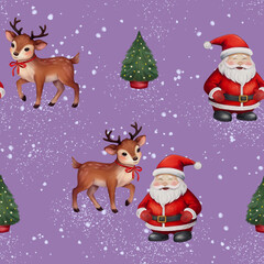 Seamless Christmas pattern featuring Rudolph reindeer, Santa Claus, Christmas tree, festive gifts, watercolor holiday design, perfect for Christmas wrapping paper, home decor, fabric, and textiles