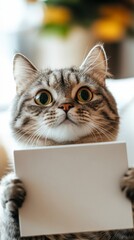 Happy cat with a playful expression, holding a sleek white box frame, showcasing its charming personality and inviting warmth, perfect for home decor or pet-themed art.
