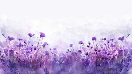 Purple watercolor flowers on a soft white background with a dreamy and serene atmosphere, creating a calm and soothing visual experience